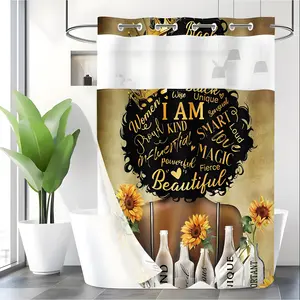 LVRLVR 1pc Golden Sunflower Self Love Melanin Queen Shower Curtain, Matte Gold Textured Background Afro Lady I AM Positive Affirmation & Vase Floral Print, Sheer Top Window, Detachable Liner & Hook-Free Integrated C-Ring, 70.8" x 74"