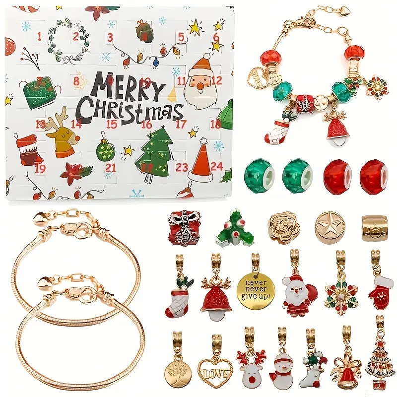 DIY Christmas Advent Calendar Beaded Bracelet Set, 24-day Christmas Countdown, 22 Charm Beads, 2 Bracelets, Unique Christmas DIY Jewelry Making Kit, Christmas Gift, Birthday Gift
