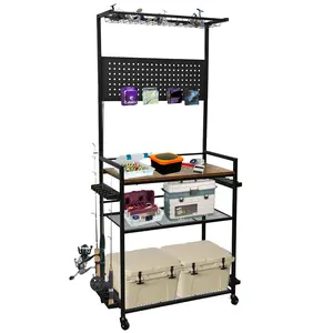 Fishing Rod Holders for Garage, 3-Tier Fishing Pole Rack Holds 12 Rods with Hooks & Pegboard, Gear Storage Organizer for Tackle Box Storage with Reel Rack