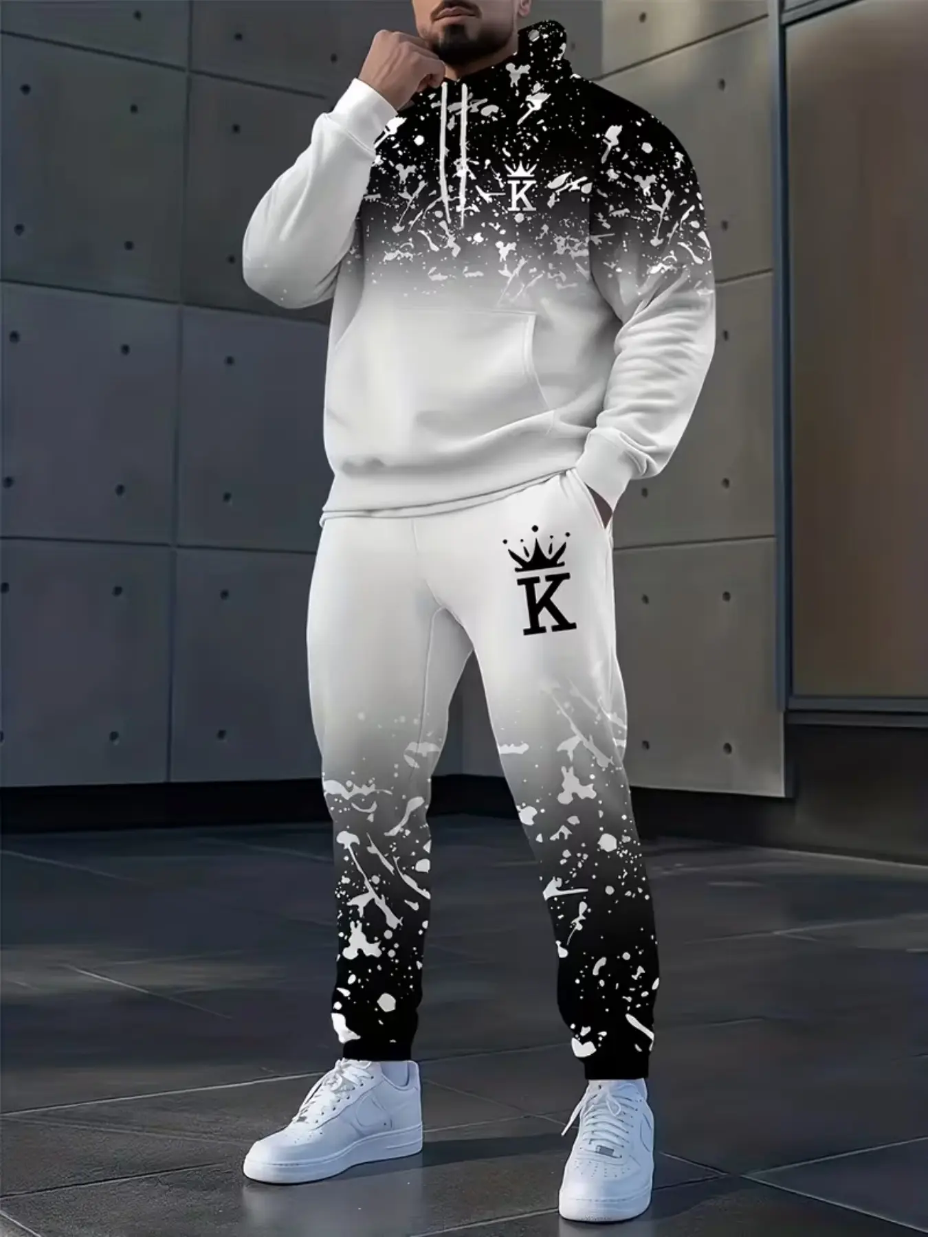 Men's Two-Piece Set, Marble Pattern Hooded Sweatshirt & Jogger Pants, Casual Spring Sports, Letter K Logo Design, Casual Sportswear Set, Casual Sportswear Outfit