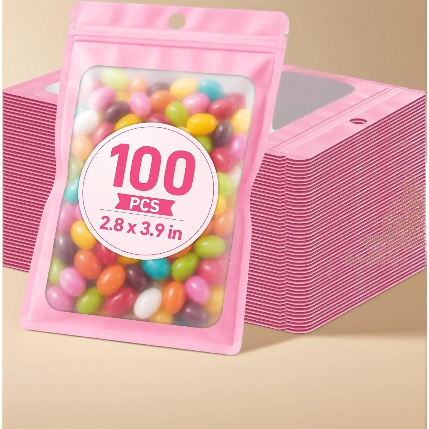 100Pcs Pink Smell Proof Mylar Zipper Bags 4.72x7.1, Frosted Window Resealable Foil Pouches for Snack Candy Jewelry Small Business Packaging