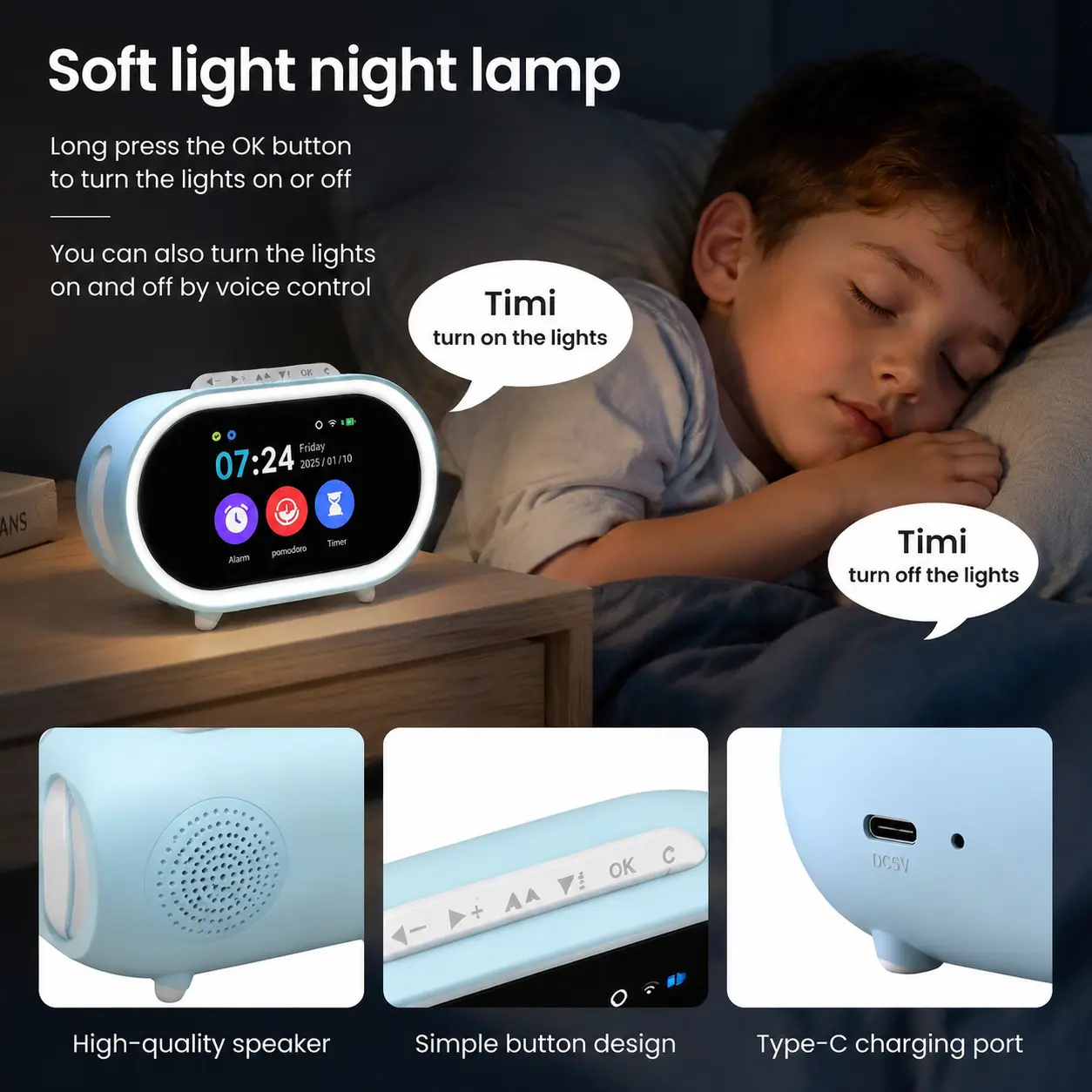 Digital Modern Smart Alarm Clock - Bedside Rounded Touchscreen Night Light with Voice Control, MP3 Speaker, Medication Reminders, Switch, Compact Tabletop - Solid Blue for Seniors, Sports & Outdoor Timers, Ideal Daily Gift, Decor, Bedroom, Musical