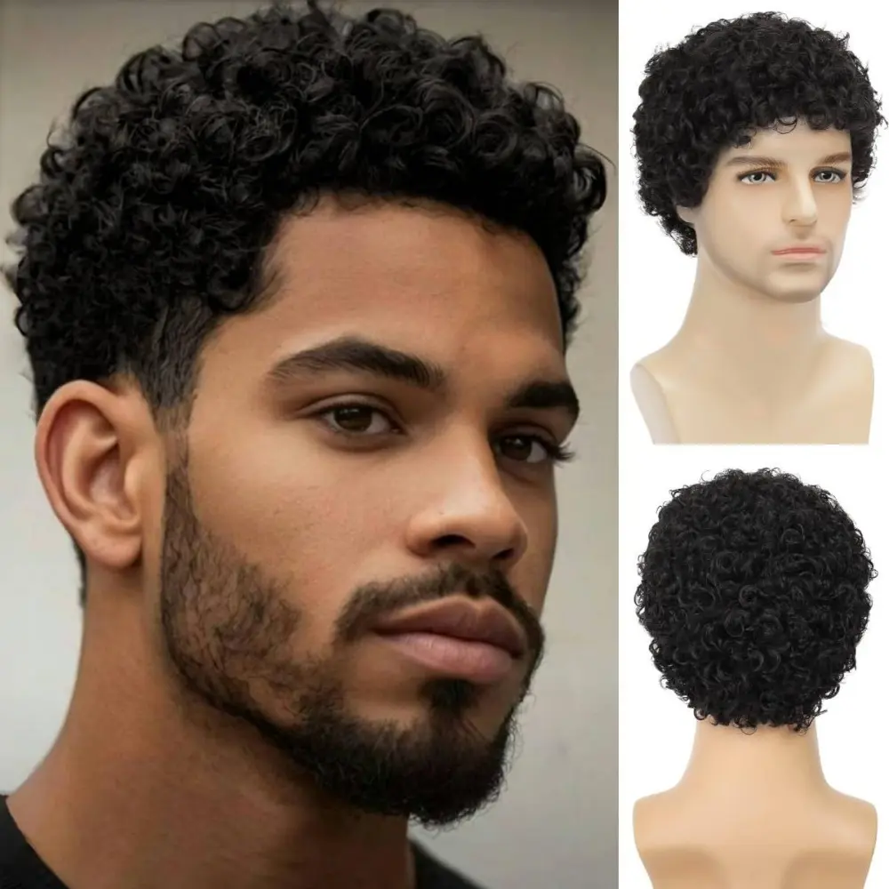 Short Afro Synthetic Wig, Fluffy Curly Wig for Men & Women Daily Party Cosplay