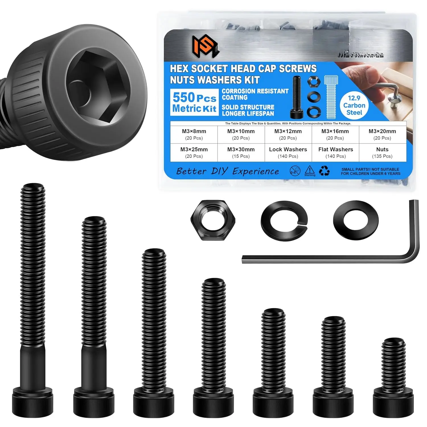 550 count M3 , Hex Socket  Cap Metric Screws  Kit, M3 Screws and Washers/Nuts/Hex Wrenches, Black Oxided Carbon Steel  Screws