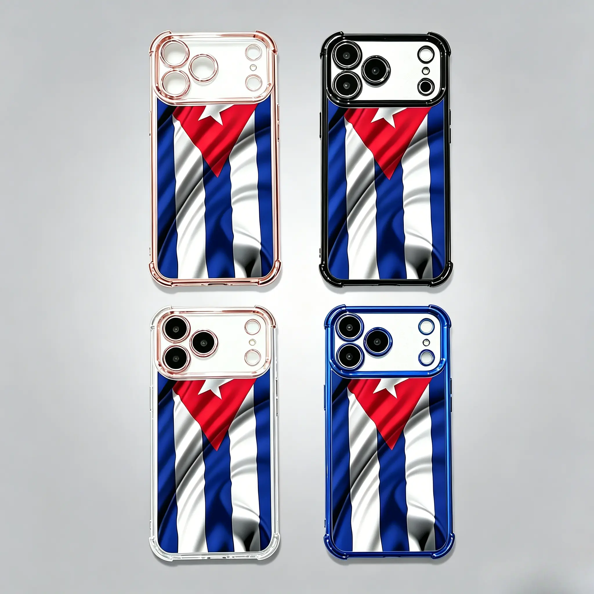Phone Case Compatible with iPhone 17 Pro Max 16 15 Plus Air 14 13 12 11 E Cuba's Fluttering Flag Four-Corner Drop-Resistant Electroplated Transparent TPU Soft Protective Cover.Fashion Cuban National Flag Print Phone Cover For Men Women