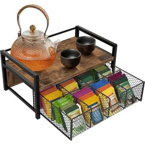 Tea Bag Organizer, Wood Tea Organizers and Storage Chest, Teabag Holder with Storage Drawer,Tea Station Chest Display Container Box for Countertop Kitchen, Rustic Brown