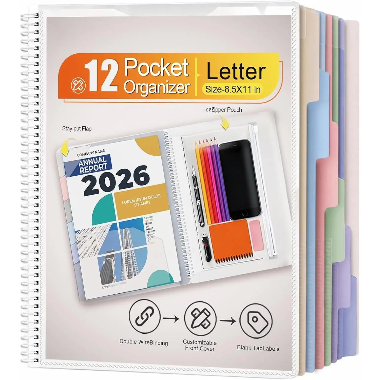 12 Pocket Spiral Project Organizer Folder, Morandi Color Multi Pocket Folder with Inner Zipper Pouch for School, Office, Bills and Documents
