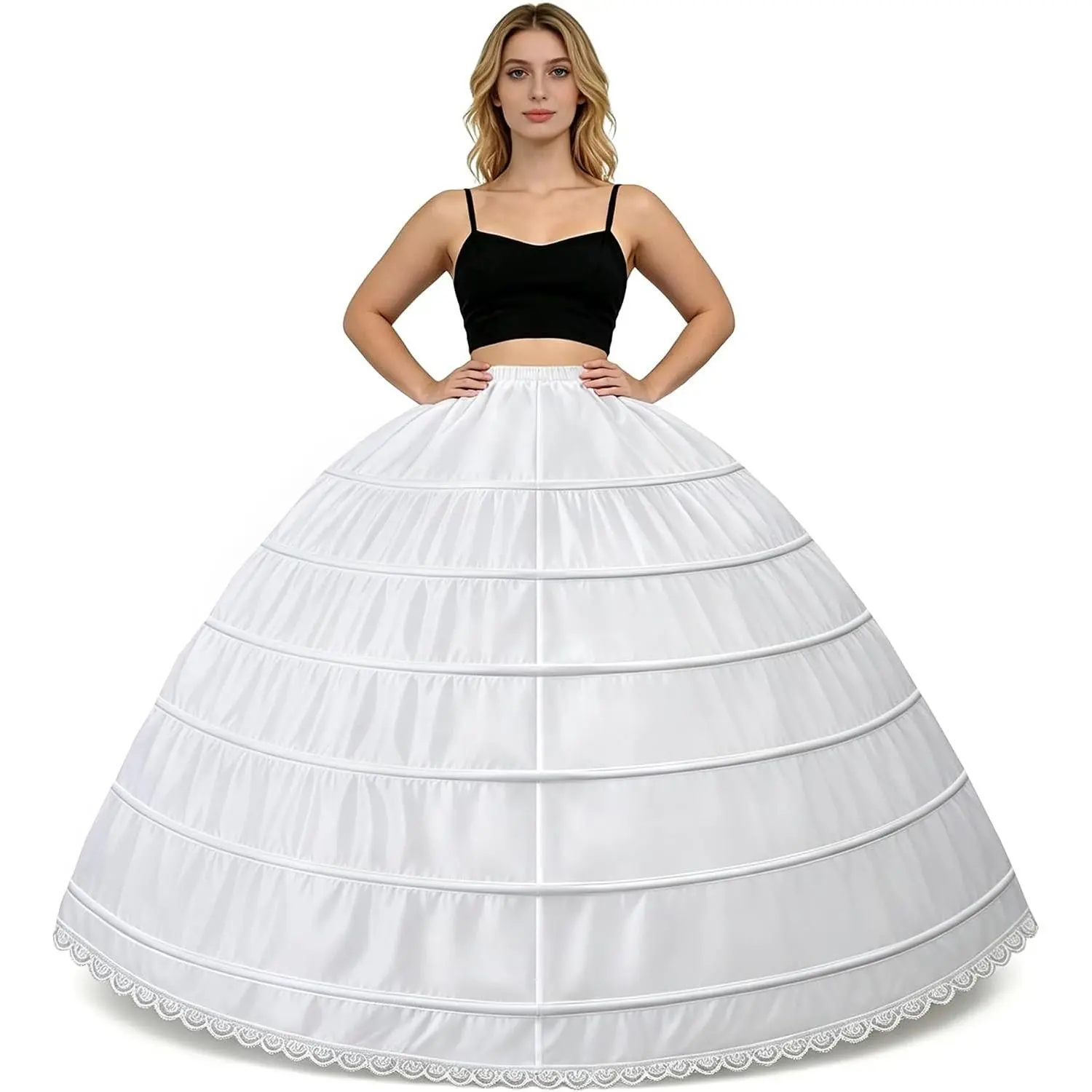 Women's 6 Hoop Petticoat Wedding Underskirt Ankle-Length Crinoline A-Line Long Bridal Skirt Lightweight Breathable Adjustable Waist to Make Dress Puffy Anti-Trip Prom Gala Pageant(Gift)