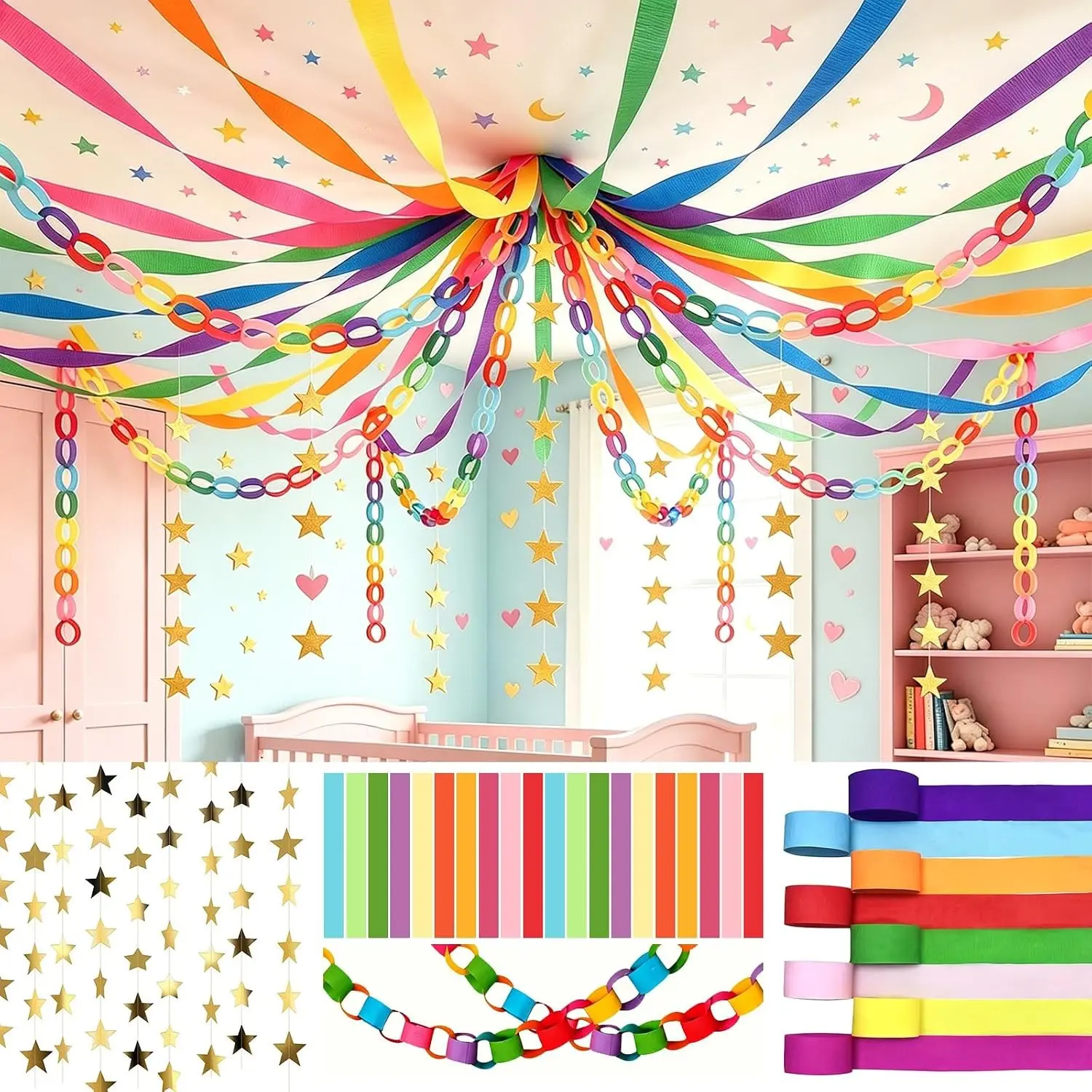 1013-Piece Stretchy Paper Chain Garland Set with Transparent Chain Links, Colored Crepe Streamers & Mirror Star Garlands for Door, Party & Wedding Decorations
