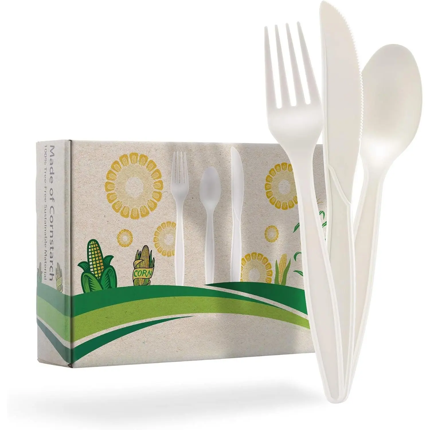 150 Count Compostable Cutlery Set, Disposable  Utensils  Durable Cornstarch Flatware Includes 50 Forks,  & Spoons for Party, BBQ, Picnic & Potlucks (White)