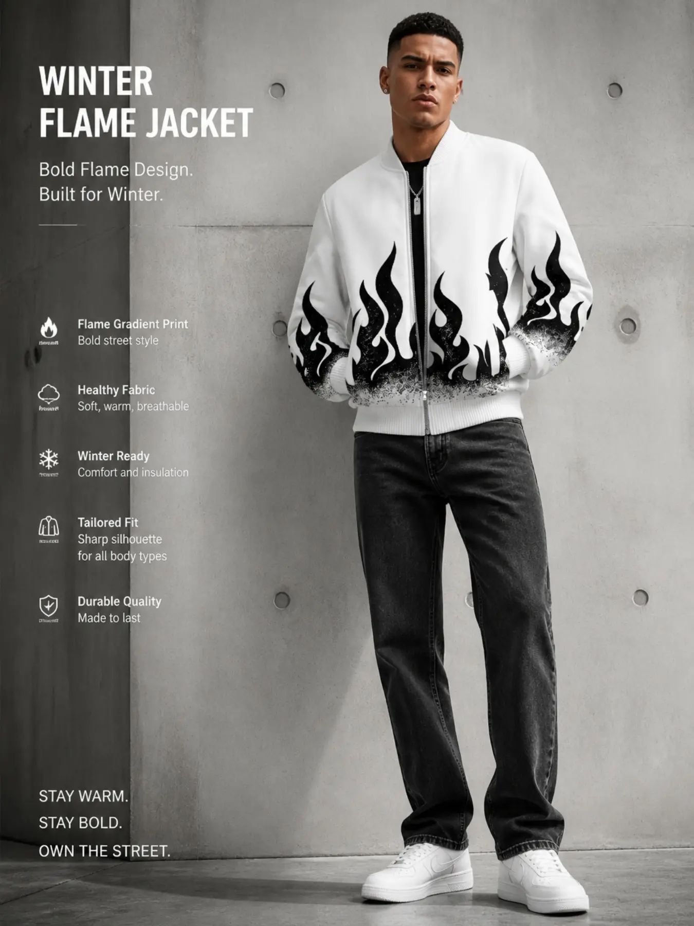 Men's Spray Flame Pattern Full Zip Baseball Jacket, Retro Gradient Fire Print Windproof Jacket, Fashion Fitted Fall Winter Outerwear, Street Style Jacket