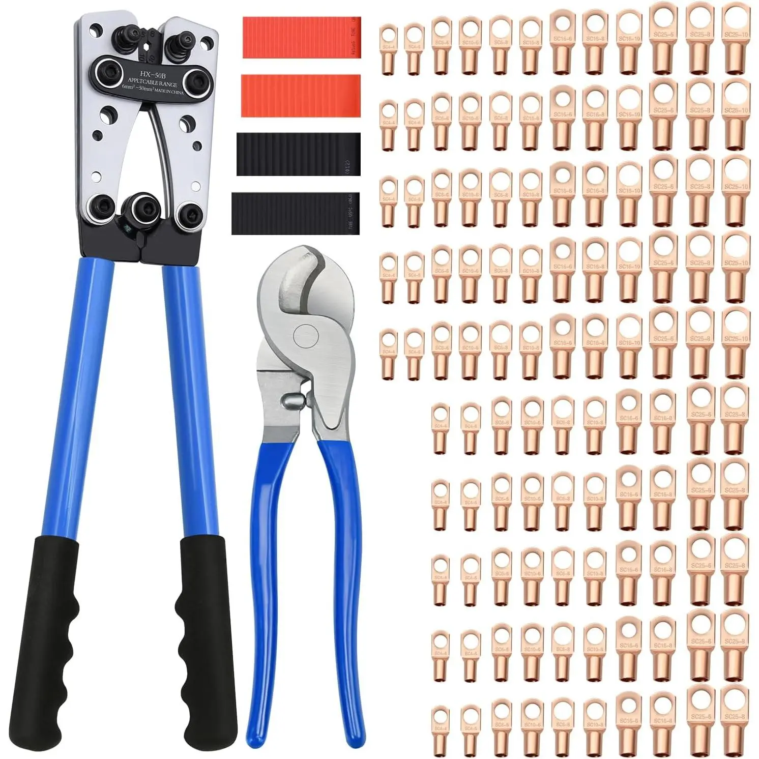 Cable Lug Crimping Tool with Copper Wire Lugs, Wire Crimping Tool for AWG 10-1/0 Electrical Lug Crimper, with Cable Cutter,  Dual Wall Adhesive Heat Shrink Tubing