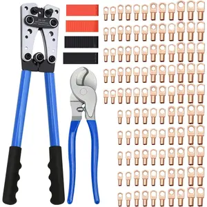Cable Lug Crimping Tool with Copper Wire Lugs, Wire Crimping Tool for AWG 10-1/0 Electrical Lug Crimper, with Cable Cutter,  Dual Wall Adhesive Heat Shrink Tubing