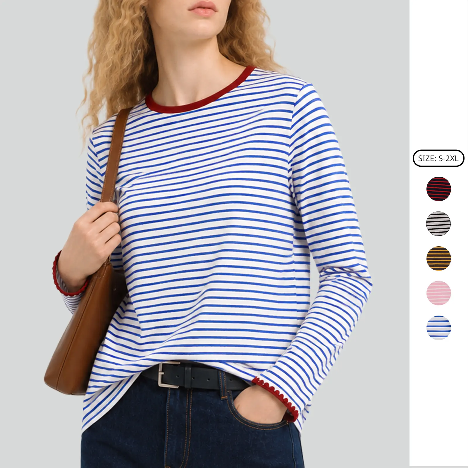 Imily Bela Striped Long Sleeve T-Shirt Womens Casual Cozy Loose All-Match Color Block Tee Tops