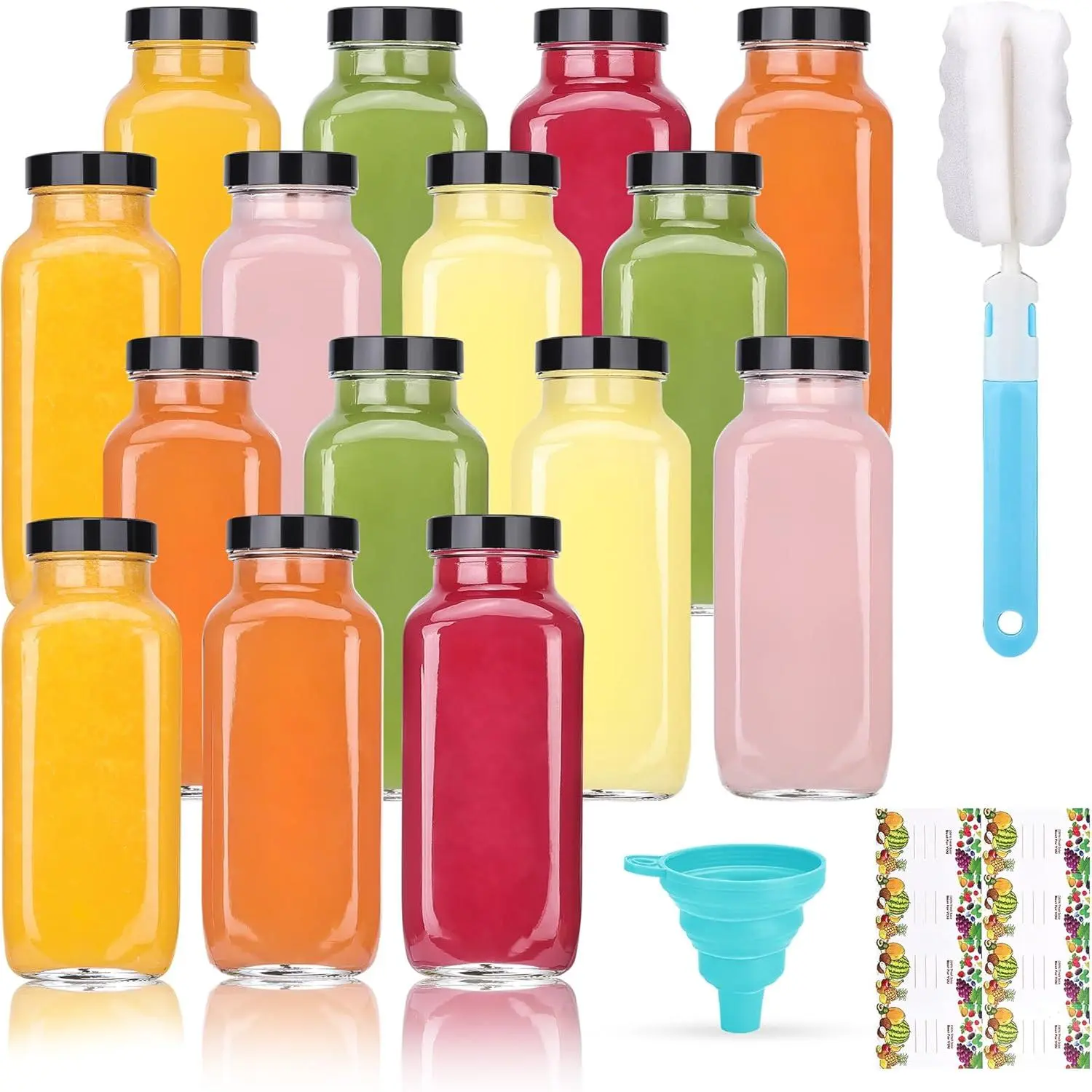 15 Pack 8 oz Glass Juice Bottles with Black Lids & Labels Reusable Travel Juice Storage Containers Clear Glass Drink Jars for Juicing Water Ginger Wellness Shots - Leakproof Dishwasher Safe