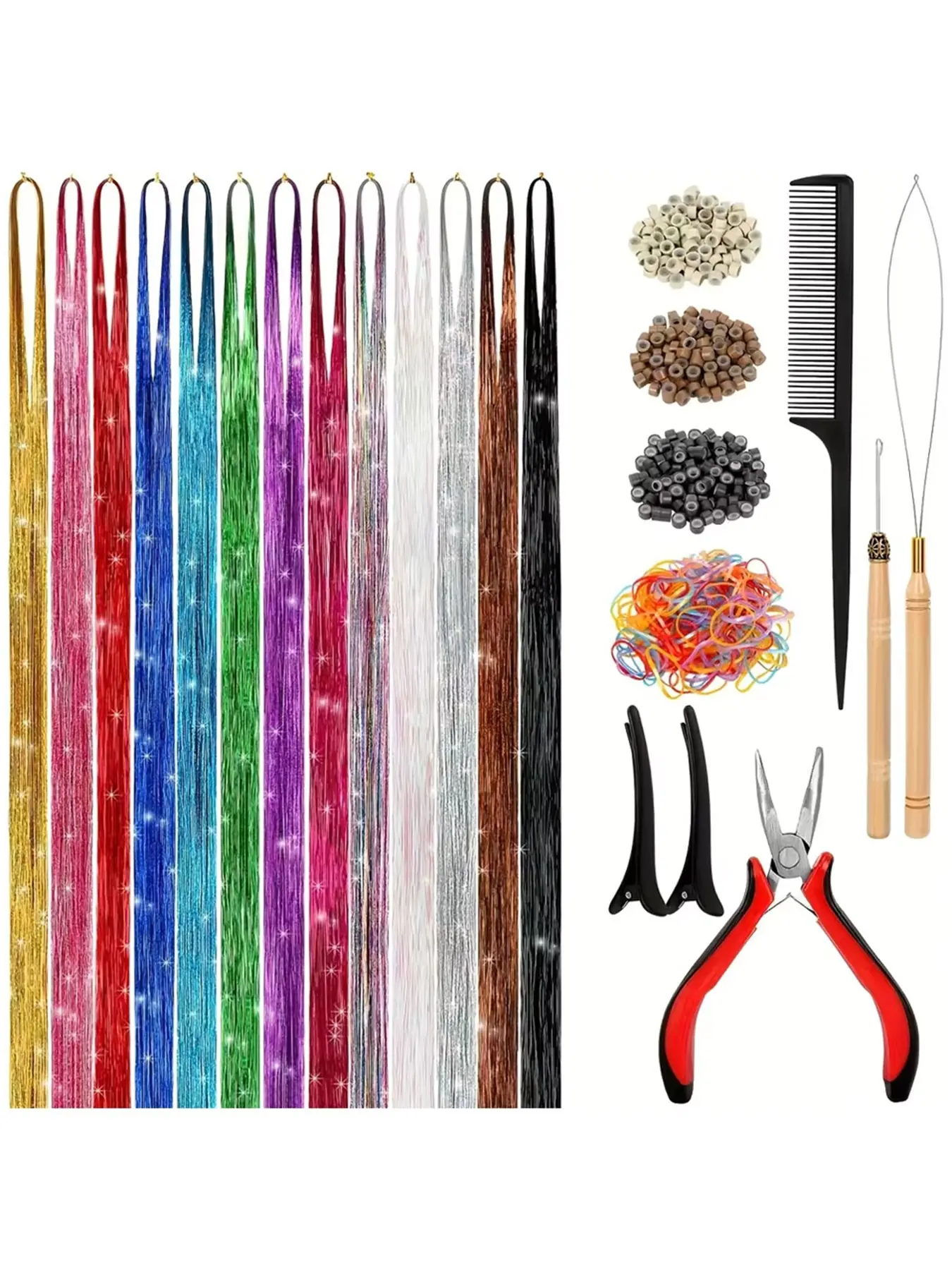 Hair Tinsel Kit for Girls 12 Colors Fairy Glitter Tinsel Hair Extensions | 48 Inch 5800 Strands Holographic Colored Bling Hair Tinsel Heat Resistant Festive Hair Accessories for Women Halloween Thanksgiving Day Christmas Birthday Party Music Festival