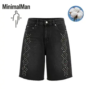 Men's Cotton Denim Bermuda Shorts, Colorful Rhinestone Embellished Raw Hem Loose Fit Knee Length Casual Jean Shorts