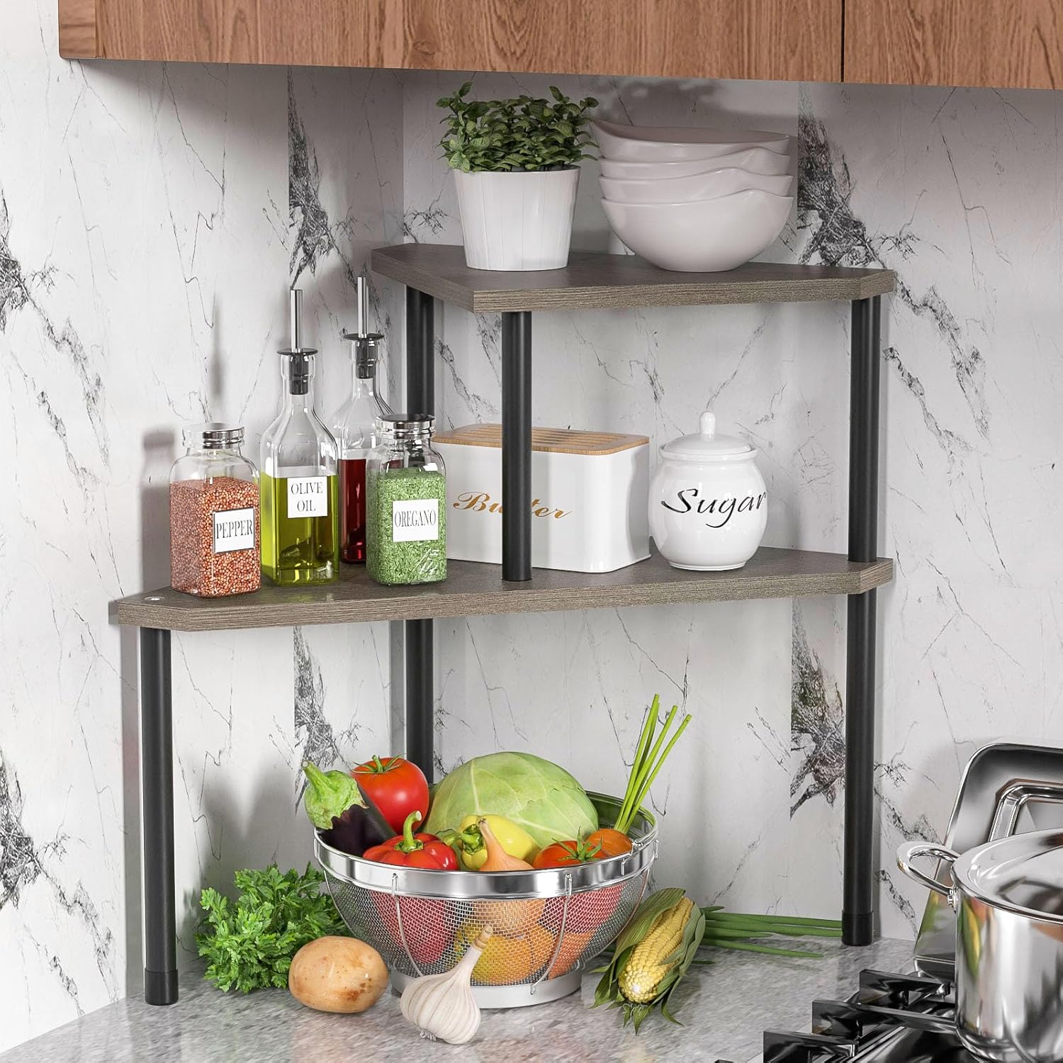 Bathroom Counter Organizer Over Sink Organizer for Toiletries, Makeup, Kitchen Countertop Organizer Rack for Salt, 2-Tier Corner Counter Shelf for Coffee Area Storage(Rustic Grey) Bathroom Counter Organizer Over Sink Organizer for Toiletries, Makeup, Kitchen Countertop Organizer Rack for Salt, 2-Tier Corner Counter Shelf for Coffee Area Storage(Rustic Grey)