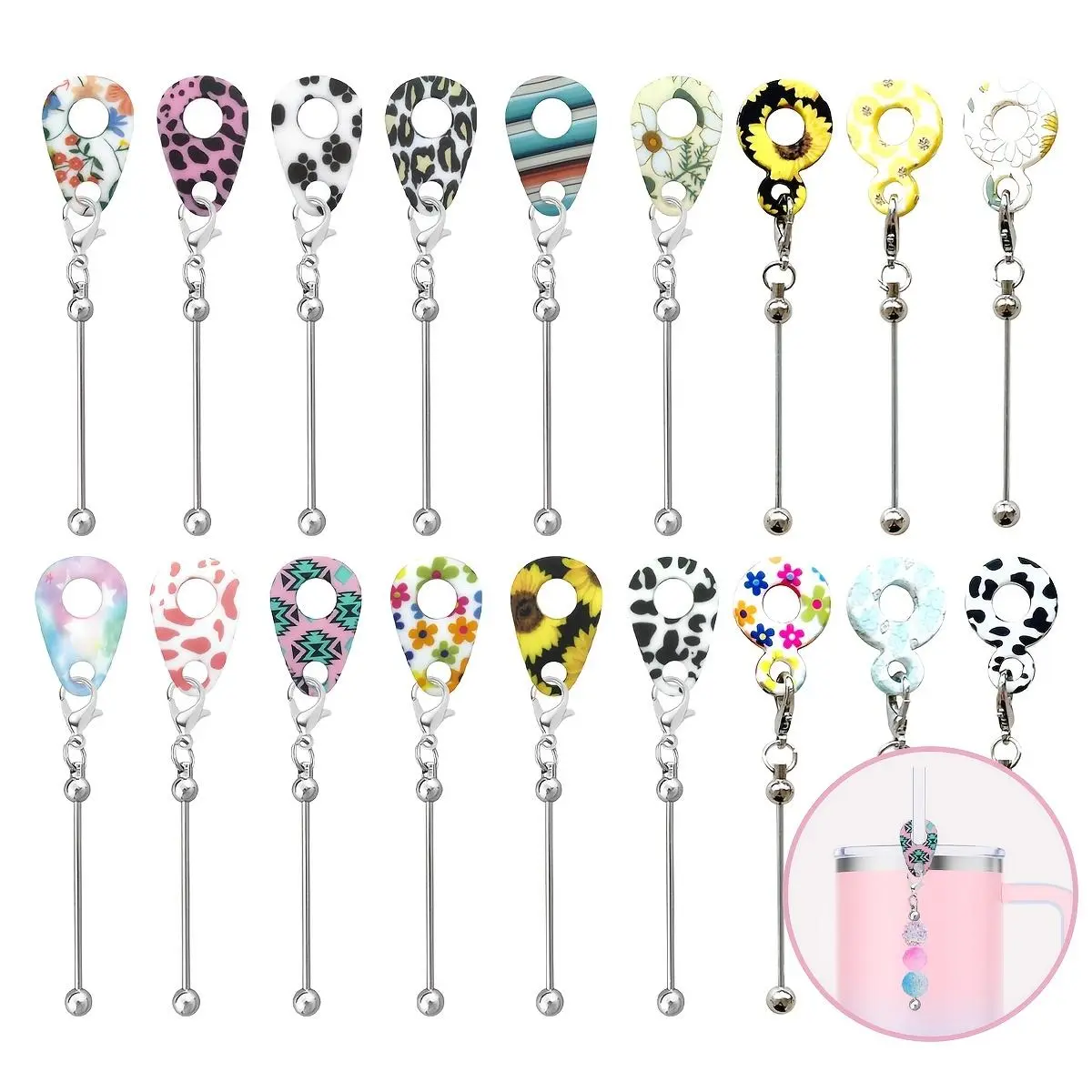 16pcs Beadable Silicone Cup Straw Charms, DIY Cup Accessories with Blank Bar, Western Leopard, Cow, Sunflower Designs, Creative Tumbler Charms, DIY Crafting Wedding Holiday, Mother's Day, Best Friend Gift