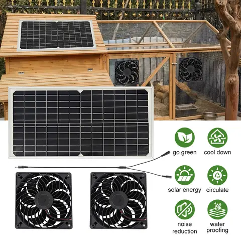 Waterproof Exhaust Fan - 5-In Dual Fans, 20W Solar Powered Cooling System (6V, 20-49W Range), IP65 Rating, Adjustable Exhaust-Intake Mounting, Installation Kits for Sheds, Greenhouses