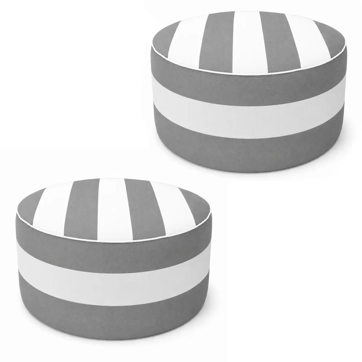 2 Pack Outdoor Inflatable Ottoman 21"x21"x9", Fade-Resistant Patio Footrest Stool with Cay Handle, Portable Pouf for Patio, Garden, Camping and Indoor Use-Gray/White Striped