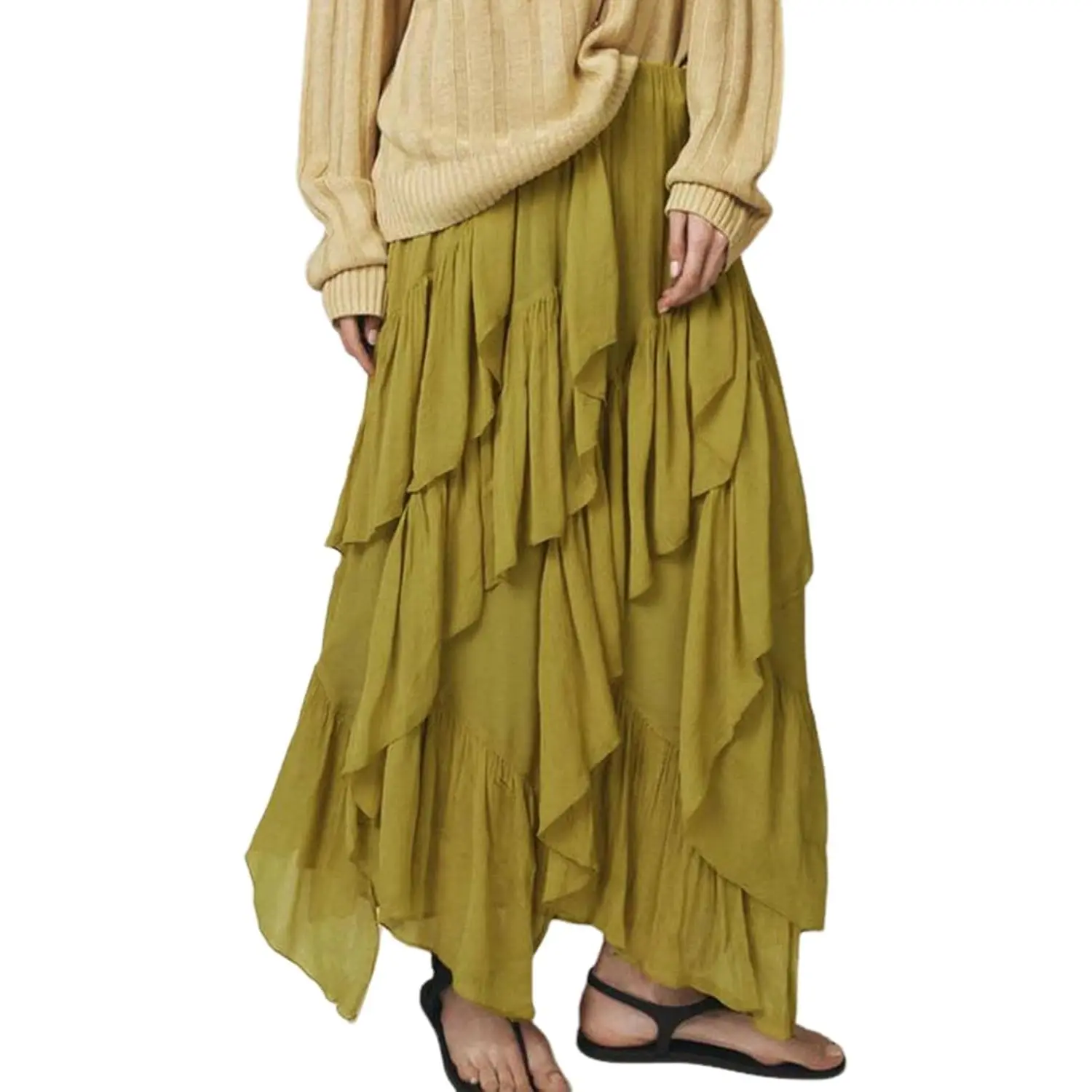 Arssm Women's Ruffle Maxi Skirt Flowy Long Layered Skirts A Line Tiered Trendy Skirt