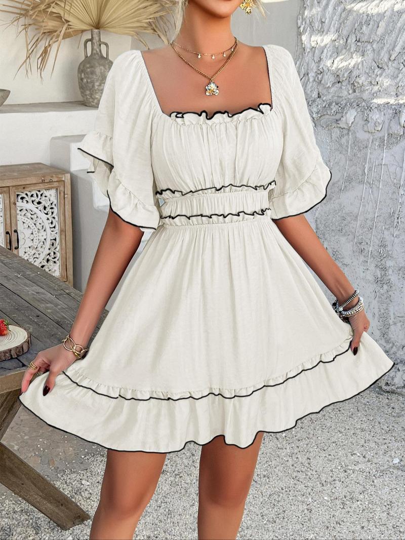 Women's Plain Dress, Casual Boho Ruffle Hem Chic Fashion Short Sleeve Dress for Summer, Ladies Clothes for Beach Holiday, Shortsleeve Womenswear