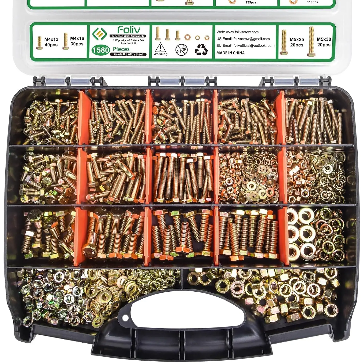 1580pcs Metric Steel Hex Head Bolt & Nut Assortment Kit (M4-M8 Set, 12-30mm Millimeters Length) - 8.8 Grade, Yellow Zinc Plated, Corrosion Resistant for Auto Repair, Furniture, Ideal for DIY Users