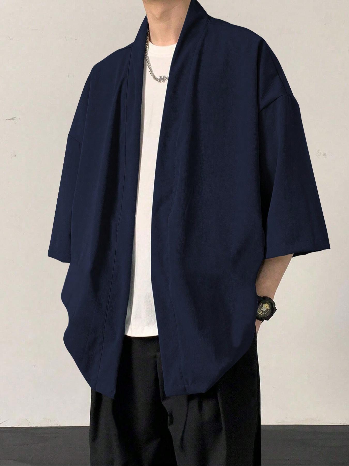 Men's Solid Color Open Front 3/4 Sleeve Loose Plain Shirt, Casual Comfy Top for Daily Wear, Men's Clothes for All Seasons