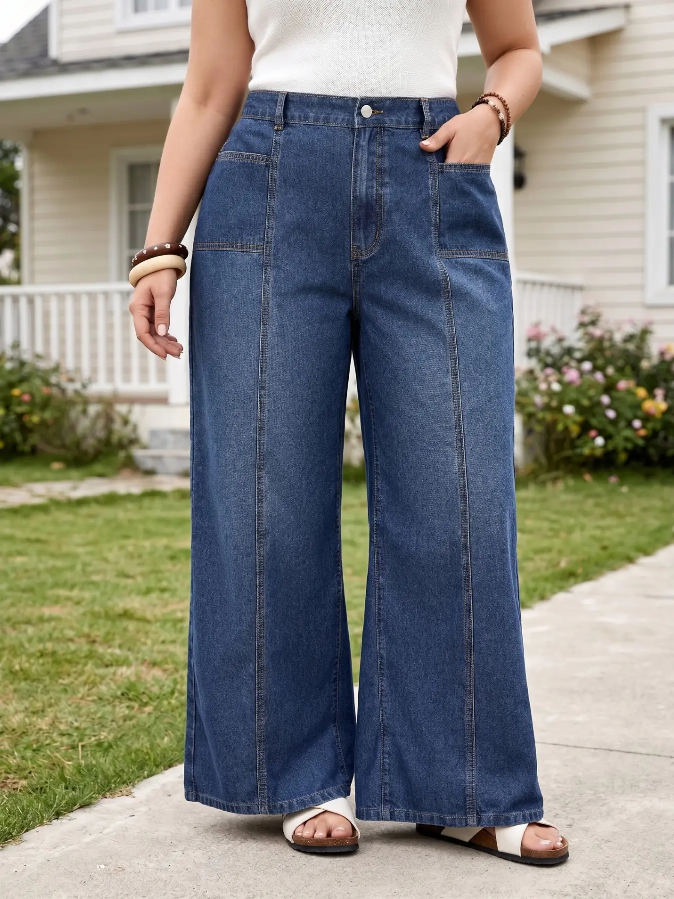 Plus Size Jeans, Wide Leg Denim Jeans, Casual Retro Style, Front Seam Large Patch Pockets, Slimming Effect, Everyday Wear for Women, Bottoms, Vintage