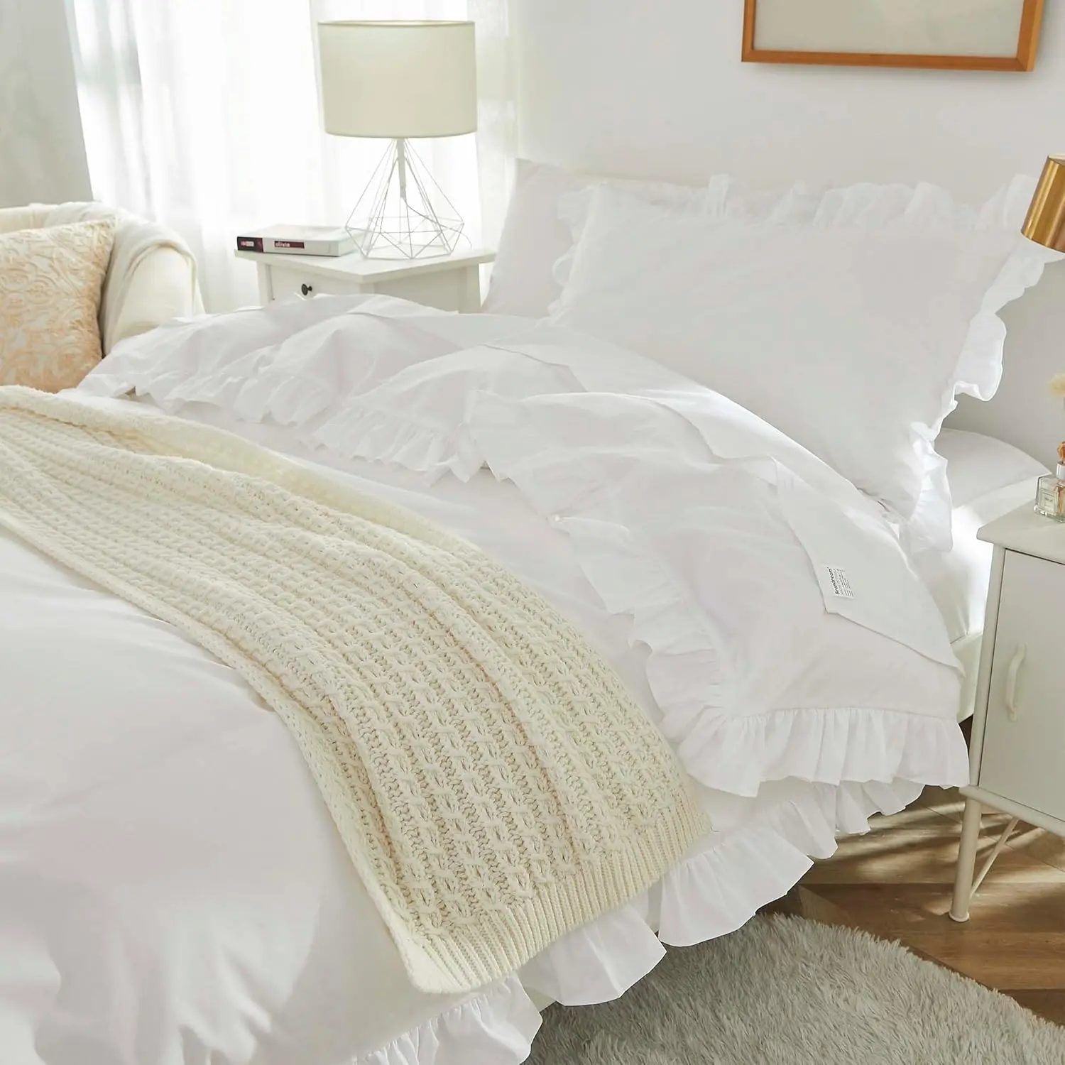 Kid's Duvet Cover Twin/Twin XL Size,100% Organic Cotton 2pcs Girl Bedding Duvet Cover Set, Ruffled Fringe Solid Color Soft Breathable with Zipper Closure & Corner Ties(White)