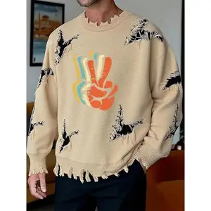 Men's Casual Loose Fitted Colorful Pattern Ripped Pullover Sweater, Vintage Retro Patchwork Crew Neck Long Sleeve Drop Shoulder Knitted Top, Halloween Costume Soft Warm knit Wear Fall & Winter Sweatshirt Daily Life Street Wear Club wear