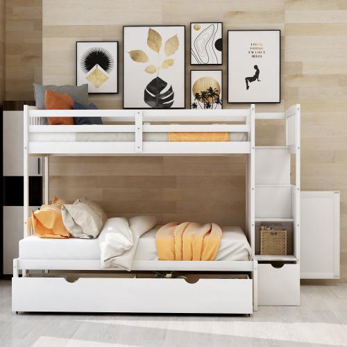 【Bellemave】Twin over Full/Twin Bunk Bed, Convertible Bottom Bed, Storage Shelves and Drawers, White