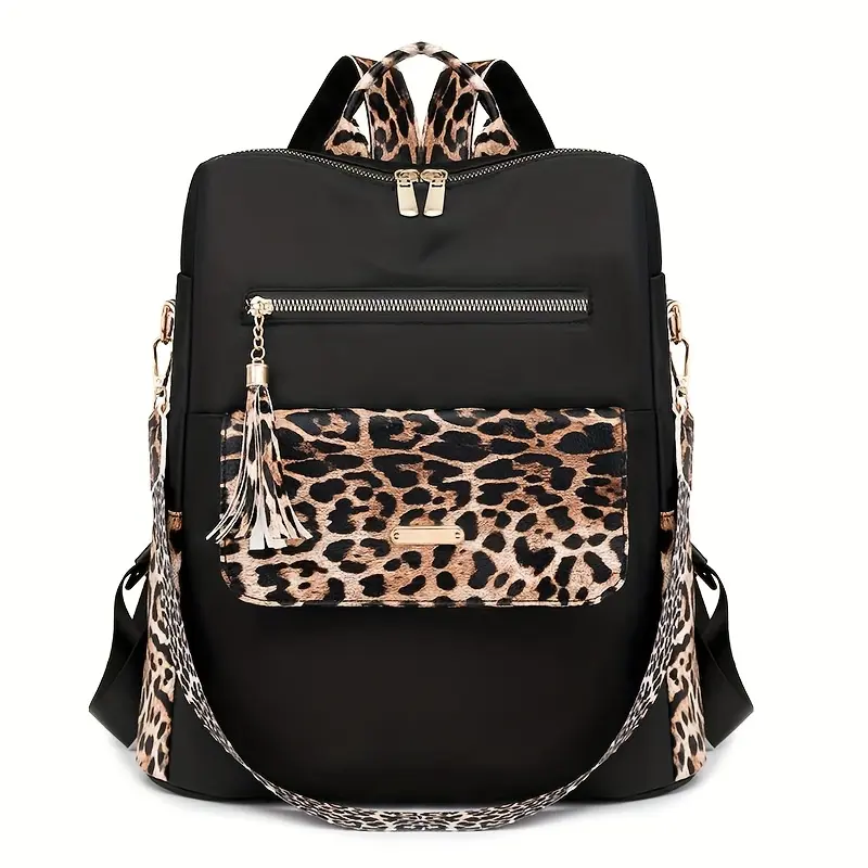 Leopard Print Patchwork Backpack for Women - Anti-Theft Nylon Bag with Tassel, Fashionable Multi-Functional Travel Shoulder Bag Large Capacity Backpack Casual Backpack