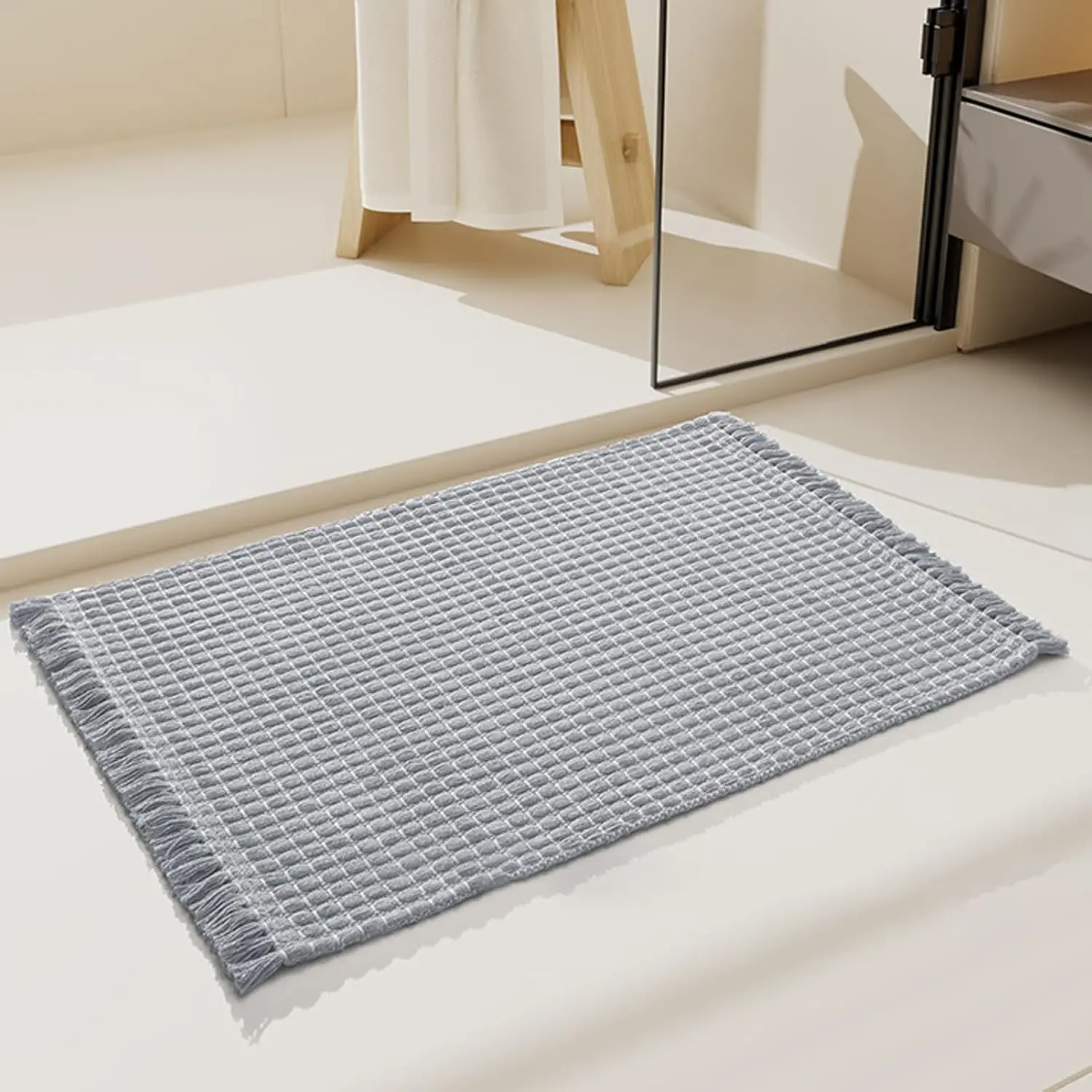 Bathroom Rugs with Tassels Soft Boho Rug Nonslip Bath Mat for Bathroom Mats Water Absorbent Solid Bath Shower Rug Washable Floor Mats Decoration for Bedroom Living Room,Grey,15.7" x 23.6"