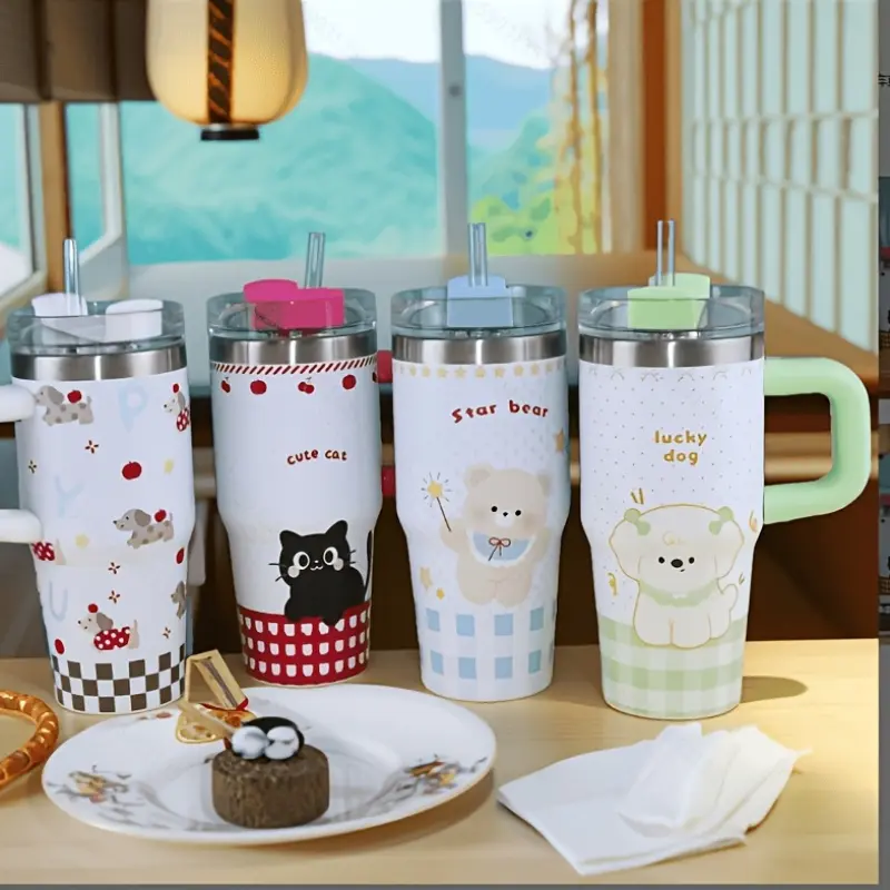 14Oz/400ml Green Puppy Insulated Stainless Steel Tumbler with Handle - 0-500ml Anti-Scalding Explosion-Proof Heat Resistant Travel Mug Vacuum Flask, Cup Holder-Fit Bottle for Hot/Cold Drinks (Keeps Cold for 8 Hours)