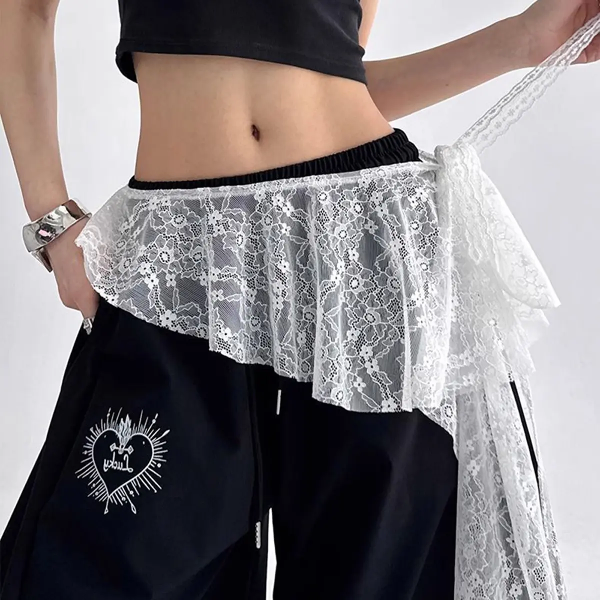 y2k Shirt Extender Women Elastic Waist Lace Adjustable Layering Top Lower Sweep Skirt T-shirt Extender
