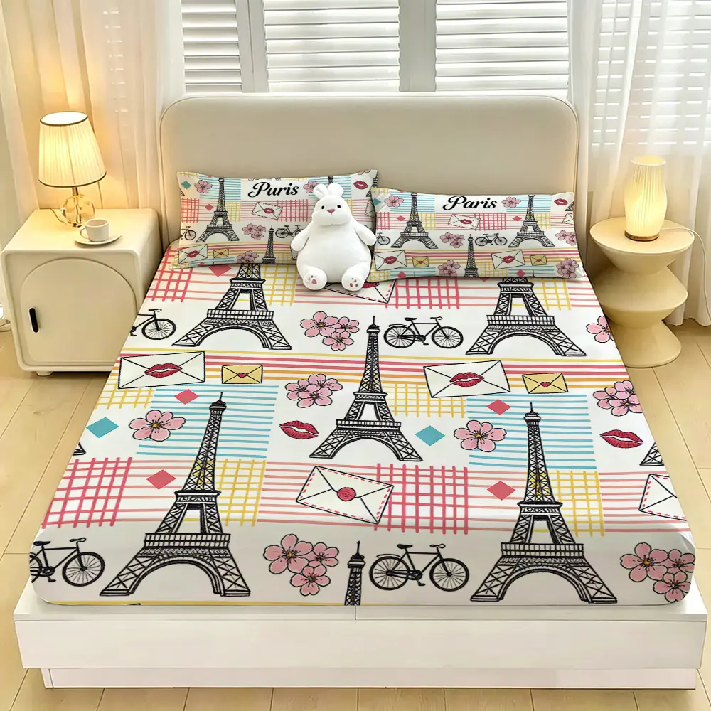 A 3‑piece digital‑printed bedding set, Paris Eiffel Tower pattern, includes 1 bedspread and 2 pillowcases, no filling, soft comfortable fabric with deep pocket design, ideal gift choice