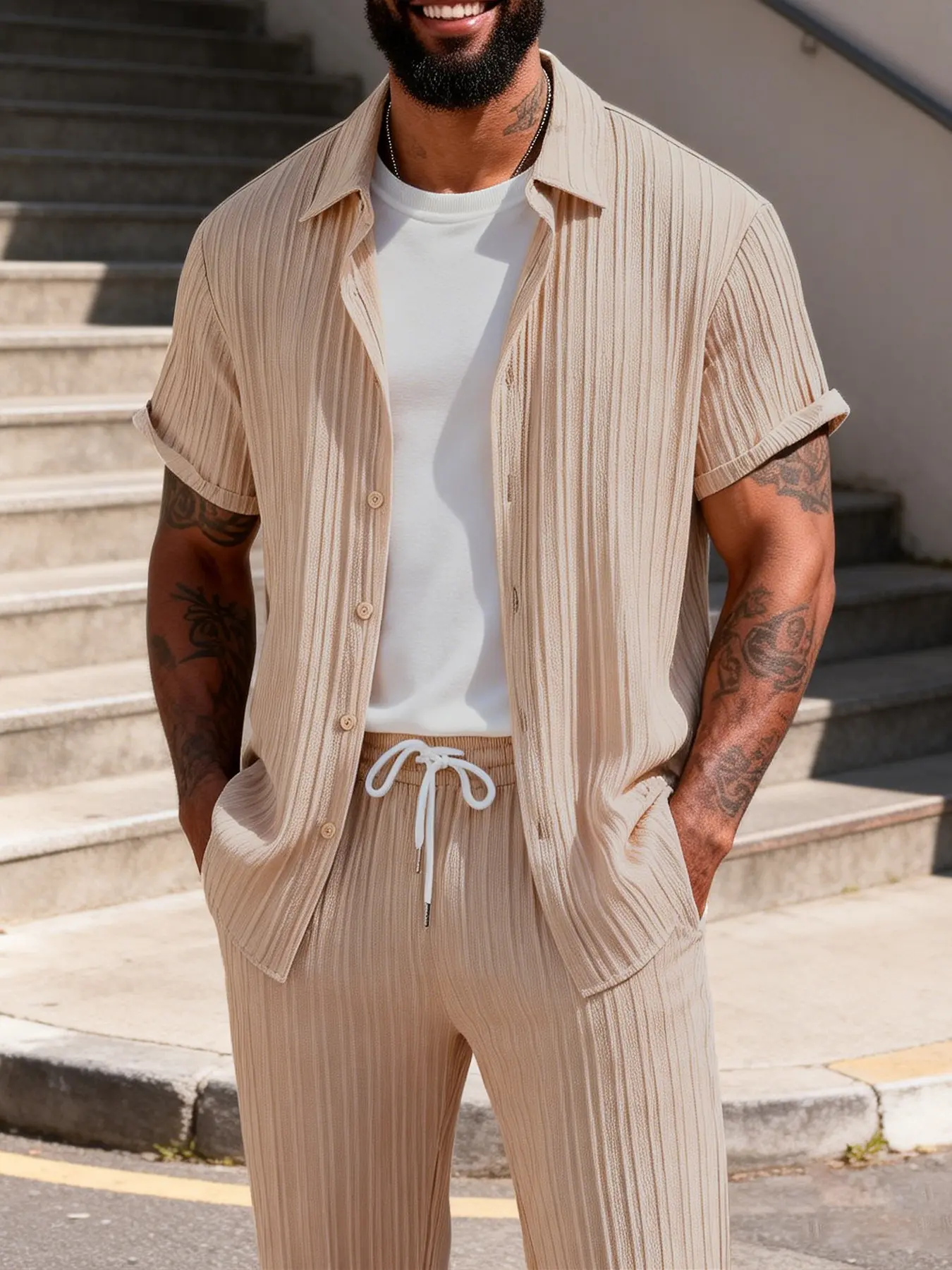 Summer Men 2 Piece Matching Tracksuit, Vertical Pleated Texture Lapel Collar Short Sleeve Shirt + Elastic Waist White Drawstring Straight Leg Pants, Breathable Wrinkle Resistant Ice Feel Outfit For Business City Daily Street Style Home Wear