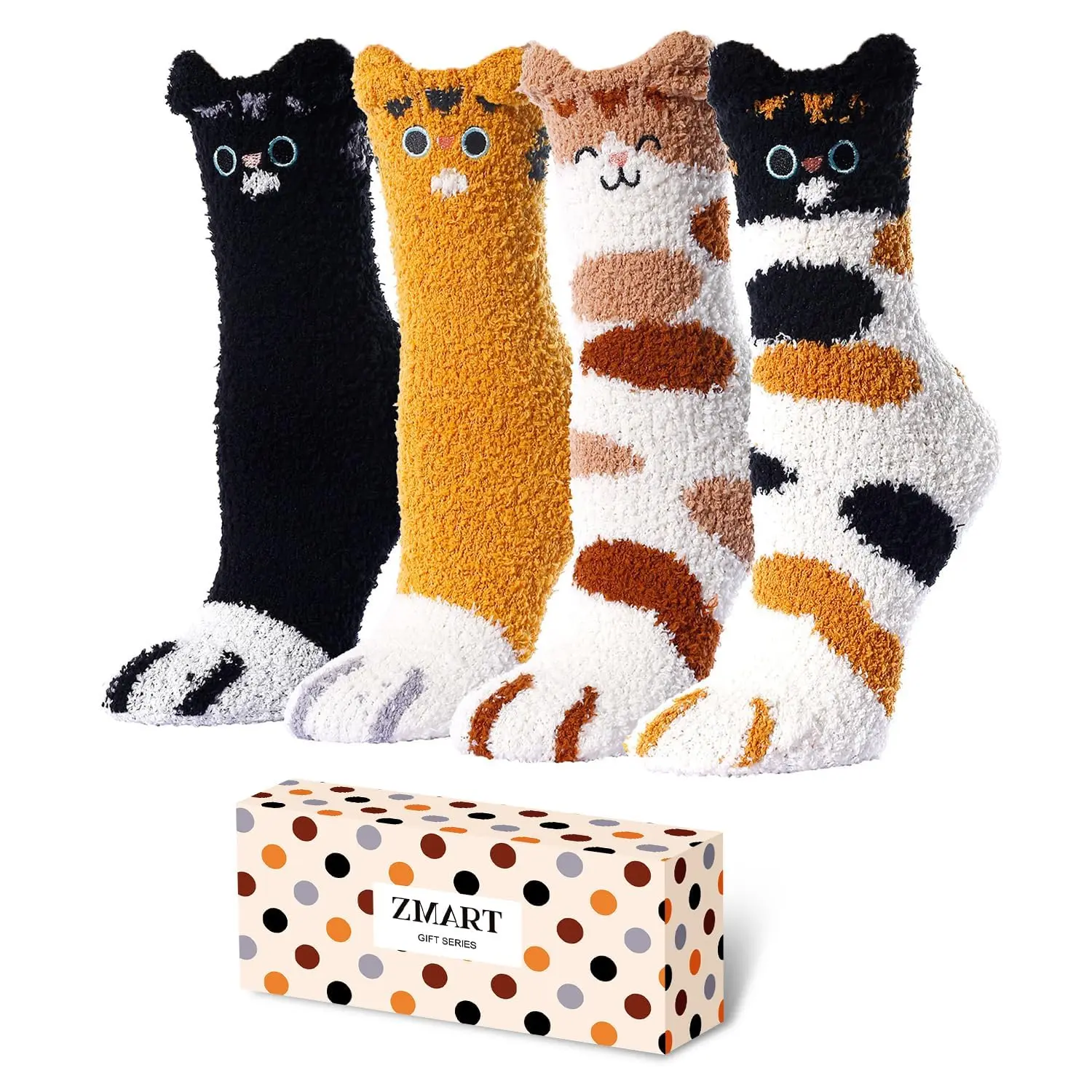 Zmart Four Pairs Soft Cute Fuzzy Socks for Women Cozy Slipper Socks Warm Sleep Microfiber Fluffy Winter Christmas Socks
