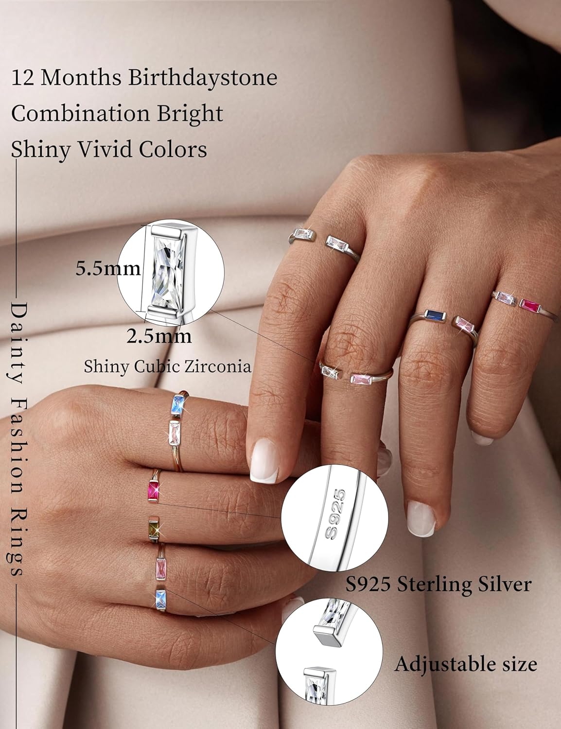 S925 Sterling Silver Birthstone Rings for Women Non Tarnish Dainty Stackable Rings Adjustable Emerald Green Gemstone Baguette CZ Wedding Engagement Promise Ring for Her Birthday Jewelry Gifts