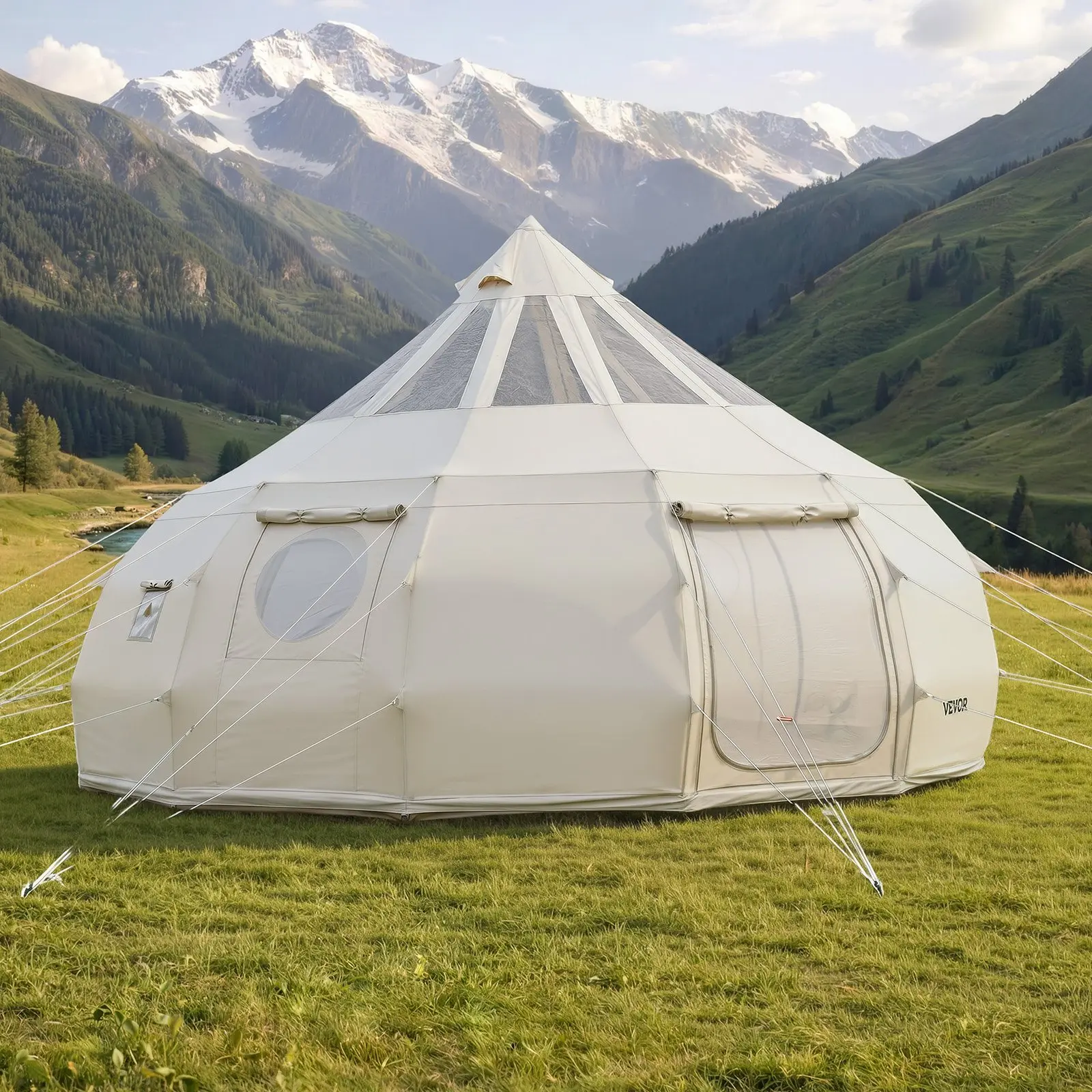 VEVOR Poly-Cotton Canvas Bell Tent, 16.4ft 4-Season Outdoor Camping Shelter with Stove Jack, Rain Cover, Guy Lines, Double-Layer Door, Top Ventilation, Breathable 10-12 Person Family Glamping Shelter, 10-12 People