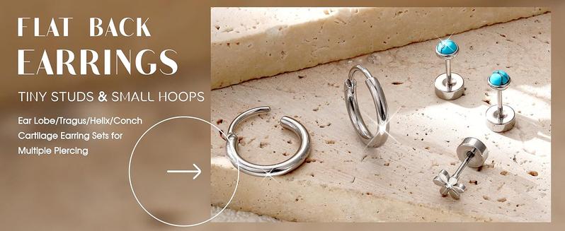 LOLIAS 21Pairs Surgical Steel Flat Back Stud Earrings Hypoallergenic 20G Screw Back Nap Stack Cartilage Earring Stacks
