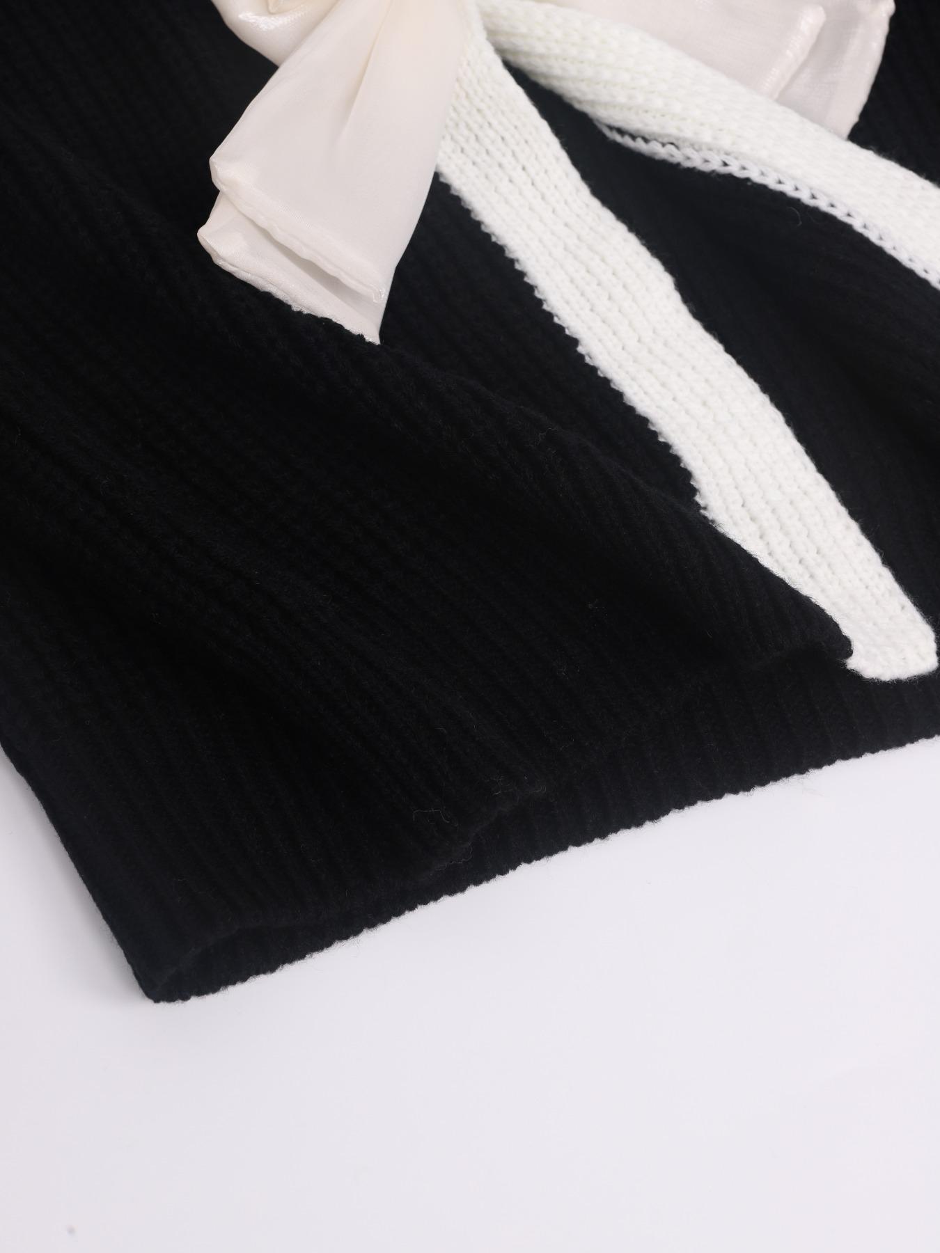 Women's Colorblock Bow Decor Contrast Binding Drop Shoulder Sweater, Elegant Long Sleeve Jumper for Fall & Winter, Fashion Ladies' Knitwear for Daily Wear Tops, Knit Sweater Clothing