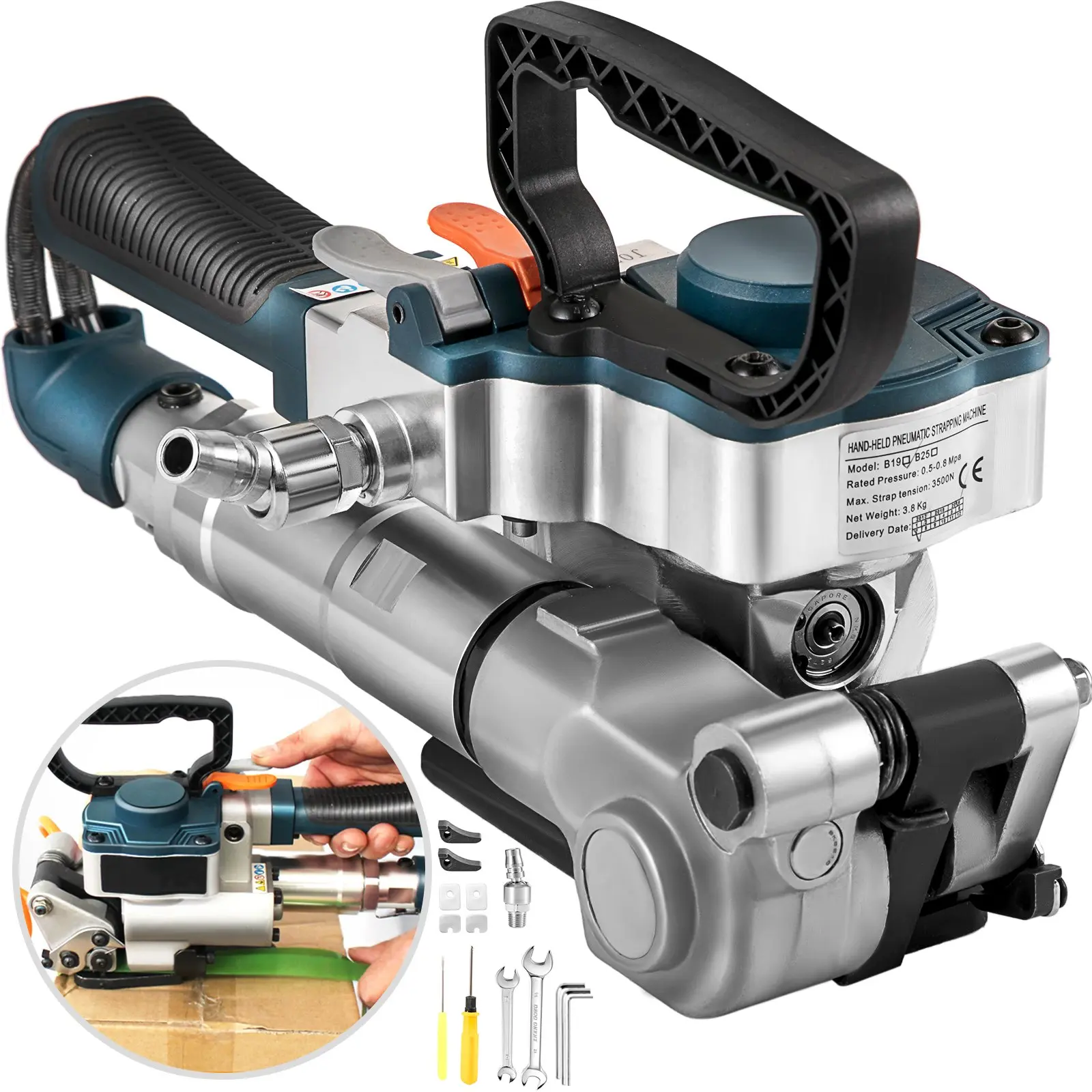 【toolupgrade】VEVOR B19 Model Pneumatic Strapping Tool, Handheld Aluminum Alloy Machine with 3500N Max Tension, Accessories Set for 0.5"-0.75" PP/PET Belts, Ideal for Industrial Users