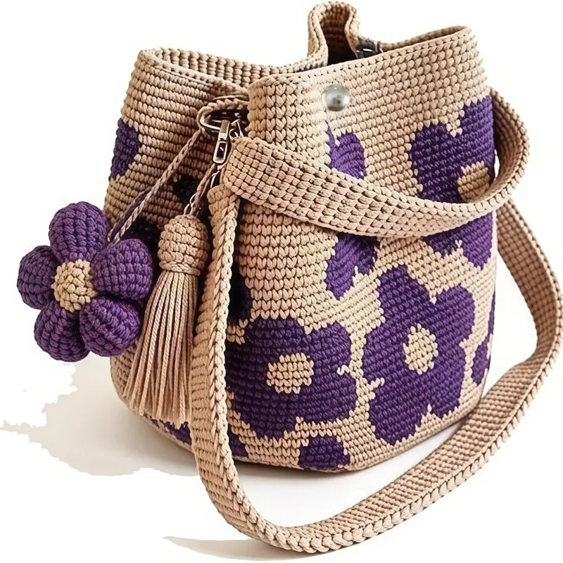 Hand-woven floral cotton thread crochet large-capacity cute tote bag with detachable tassels, suitable for commuting to and from work