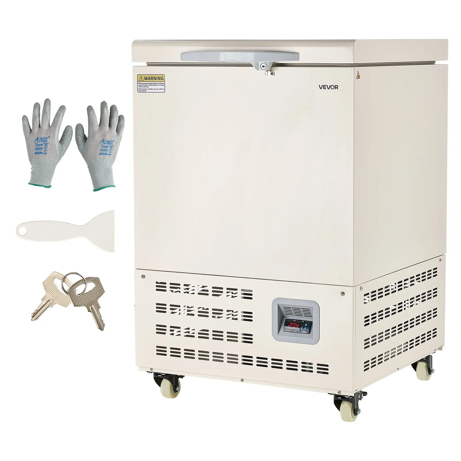 VEVOR 58L Ultra Low Temperature Freezer, -123 to -40 Adjustable Temp Range, 304 Stainless Steel Liner, Digital Display, Rollers, Temp Control, 30.3x26.4x40.2 in, 350W, 120V AC Plug-In for Laboratory Sample Storage