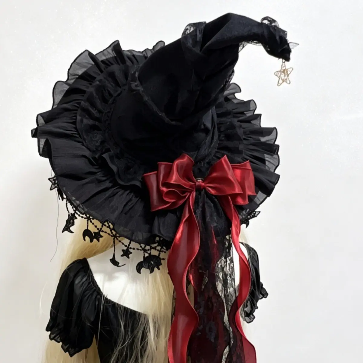 1PC Halloween Gothic Witch Hat, ruffled tulle wide brim with oversized satin bow, dark style party dress-up headwear, Halloween party decorative prop