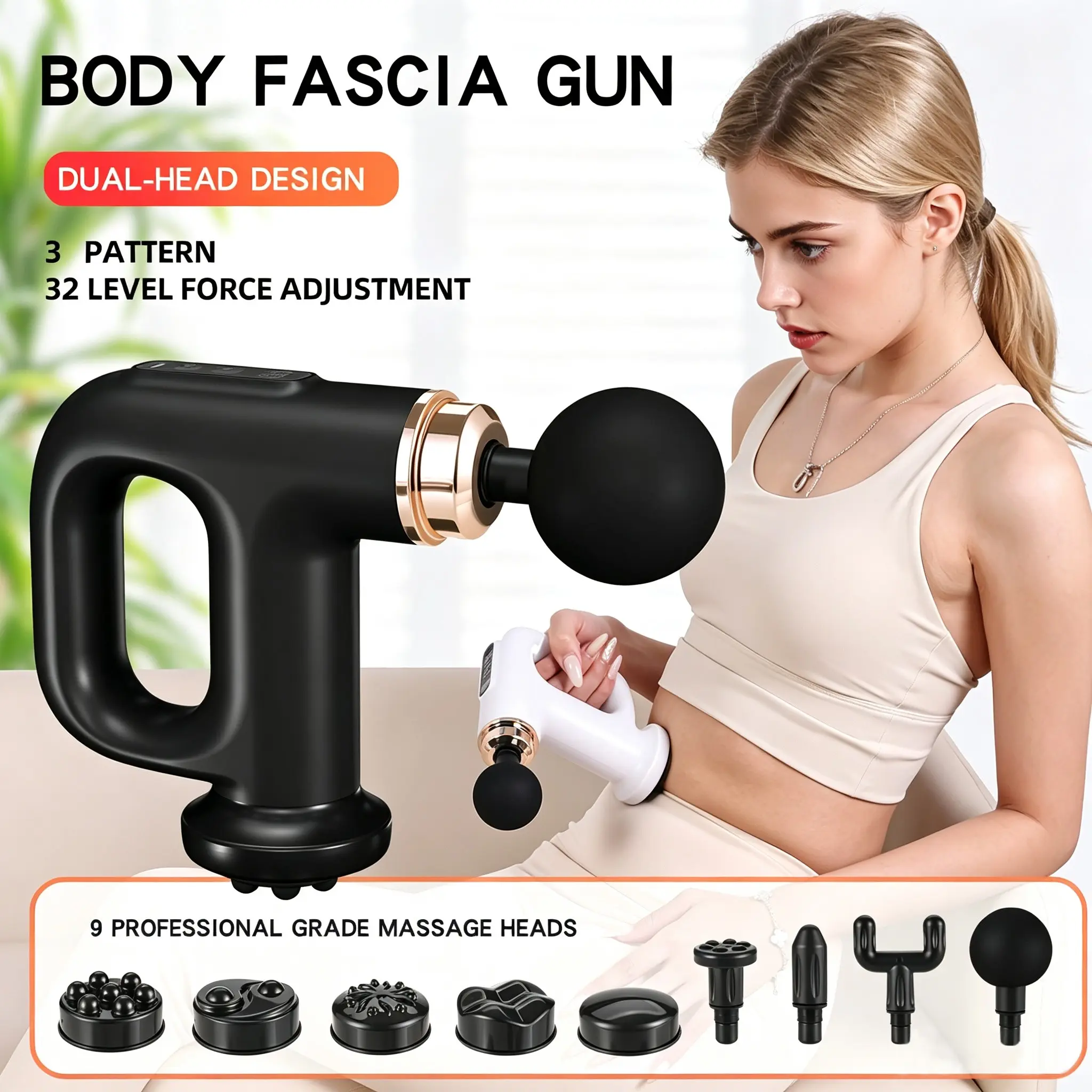 Massage Gun, Dual-Head Design, 3 Modes, 32 Levels of Intensity, Ideal for Neck, Back, Legs, Shoulders, 9 Professional Massage Heads, Perfect Gift