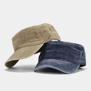 Vintage Washed Cotton Military Hat Cadet Cap Distressed Retro Flat Top Baseball Camouflage Navy Khaki Adjustable Sun Visor Men Women Casual Outdoor Hiking Travel